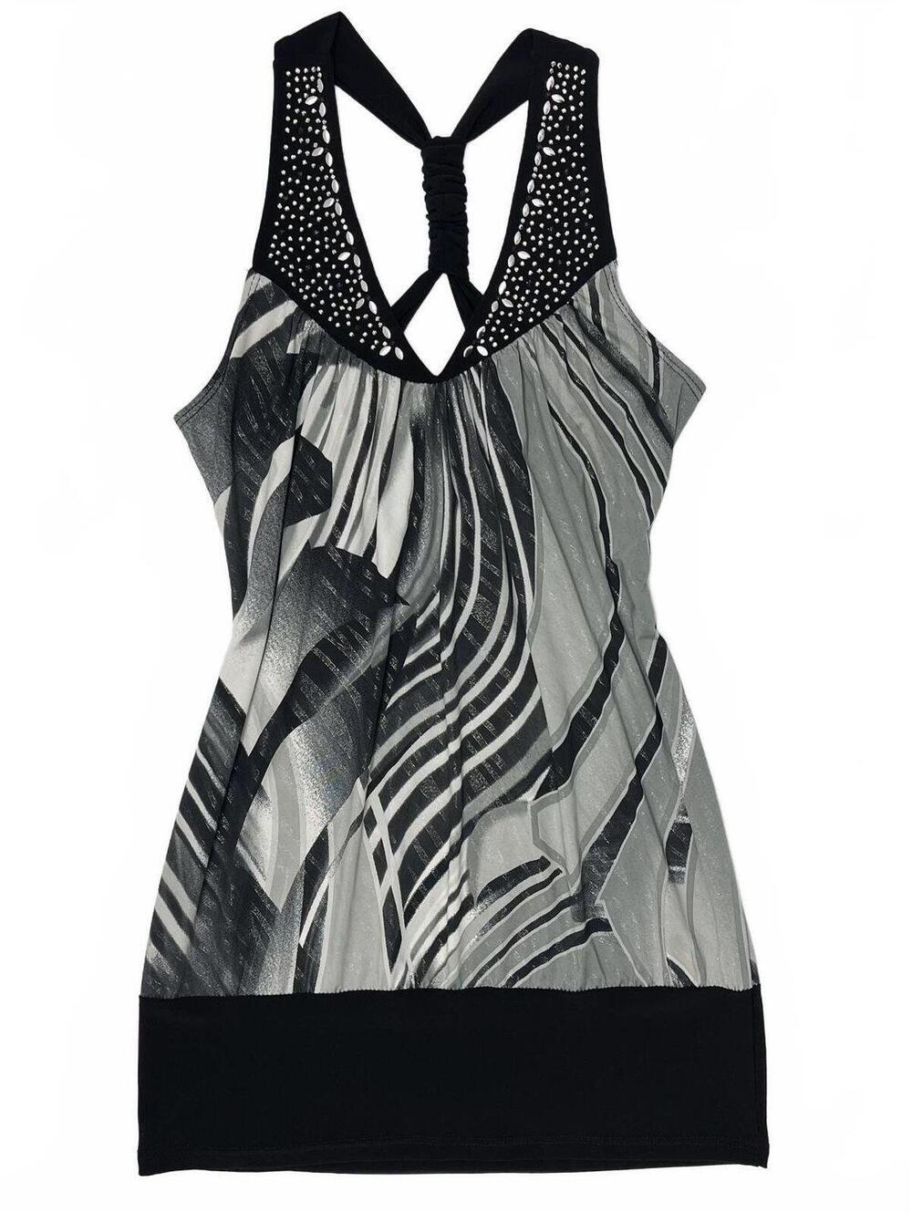 Vintage Gidani USA Made Black Grey Funky Print Bedazzled Neckline Tank Top Sz M